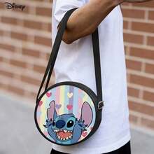Disney Stitch Pastel Stripe Heart Print Round Crossbody Bag, Multifunctional Small Round Backpack Suitable For Casual Travel, Shopping, Lightweight Durable Polyester Shoulder Bag With Zipper - One Size - View 2