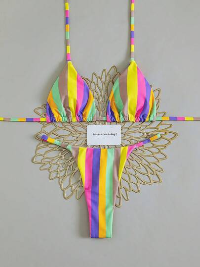 レディース カラフルストライプビキニセット、レインボーストライプ キュートでセクシー ボヘミアンカジュアルエレガントリゾートスタイル、バックレスタイビキニ ビーチ、休暇、旅行、春夏シーズンに適しています