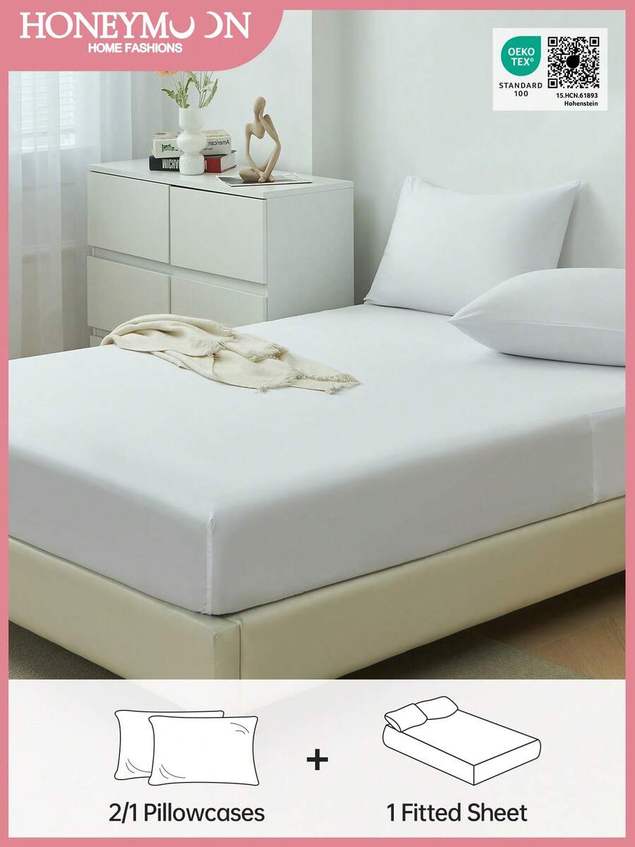 HONEYMOON Juego de ropa de cama de unicolor 2/3 piezas (2 piezas = 1 sábana bajera + 1 funda de almohada; 3 piezas = 1 sábana bajera + 2 fundas de almohada) - Funda de colchón de tela 100% poliéster, se ajusta a bolsillos de 9-12 pulgadas de profundidad, fundas de almohada sin rellenos, suave y transpirable, resistente al encogimiento, lavable a máquina - Tamaños T F Q K adecuados para el hogar y el dormitorio, esencial para la vuelta a la escuela, certificado Oeko-Tex, blanco - Blanco - Ver 1