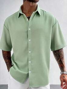 Men's Solid Color Short Sleeve Single-Breasted Casual Shirt - Green - View 6