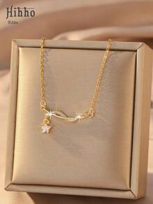 Hihho 1pc Delicate Starry Necklace, Exquisite Cubic Zirconia Design, Feminine Necklace Suitable For Daily Wear And Beach Summer Outfits - Necklace - View 3