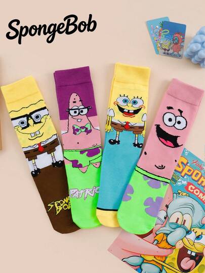 SpongeBob SquarePants 4 Pairs Women's Fun Personalized Cartoon Cute Multicolor Jacquard Series Squidward Cheeks Pattern Mid-Calf Socks, Athletic, All-Season, European And American Sizes, Comfortable, Breathable, Wear-Resistant, Rich Colors, Suitable For Daily Wear, High-Quality Fabric, Non-Stuffy