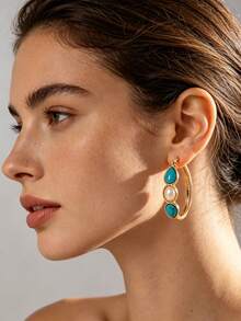 1 Par de Brincos de Argola Elegantes e Vintage com Pedra Oval de Turquesa, Brincos Personalizados da Moda para Uso Diário - Dourado - Visão 7