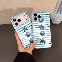 1pc Blue Wave Striped Starfish, Sea Turtle, Shell Pattern 2-In-1 TPU Material Phone Case Suitable For IPhone 17/17 Pro Max/17 Pro/Air/13/16 Pro Max/16/15/14/12 Pro Max/13 Pro Max/11 Pro/14 Pro/15 Pro/12, Fashionable Protective Soft Case, Luxury - Multicolor - View 2