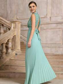 Đầm dạ hội trang trọng xếp ly đính sequin cổ tàu dành cho nữ. - Màu xanh Bạc hà - Xem 2