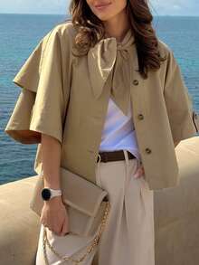 Women's Oversized Short Single-Breasted 3/4 Sleeve Cape Style Zip-Up Casual Windbreaker Jacket Spring - Khaki - View 2