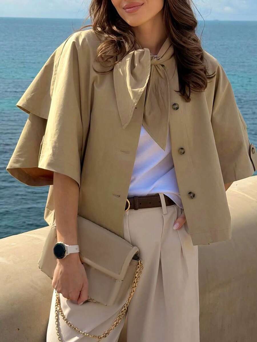 Women's Oversized Short Single-Breasted 3/4 Sleeve Cape Style Zip-Up Casual Windbreaker Jacket Spring