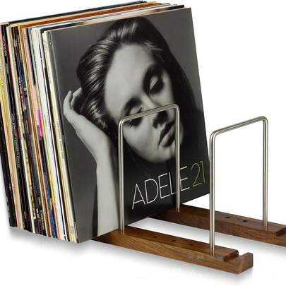 Estantería retro de madera sólida y metal para almacenamiento y exhibición de discos de vinilo LP