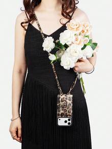 1个豹纹双扣手机拉链包，优雅简约零钱包/卡包，绗缝皮革肩带斜挎钱包式手机壳，适用于 16、15、14、13、12、11 Pro Max - 卡其色 - 查看 2