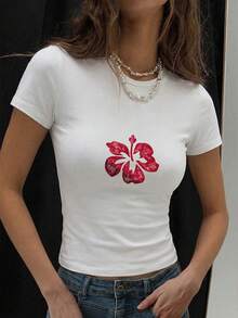 女士夏季新款休闲修身圆领短款T恤，时尚日常穿着及度假T恤 白色 - 白色 - 查看 3