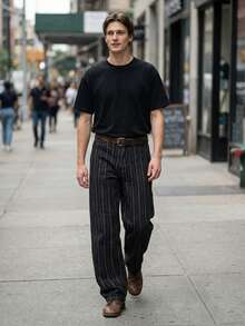 Pantalones vaqueros rectos y holgados con rayas verticales jacquard para hombre ONE.DINY, estilo casual de negocios, pantalones de ocio - Negro - Ver 6