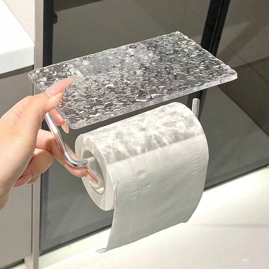 豪华亚克力壁挂式纸巾盒，带手机架，浴室卫生纸卷分配器，可粘贴或螺丝安装，适用于厨房、浴室，透明 - 彩色 - 查看 1