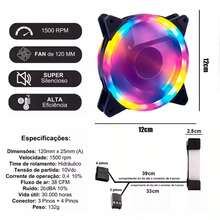 PlayShop Electronics Cooler Fan LED RGB 12V Ventoinha Para Dissipador Gabinete e Cpu / Processador Gamer 120mm / 12cm De 1500 rpm, Conector 3 Pinos + 4 Pinos molex - RGB - Visão 8