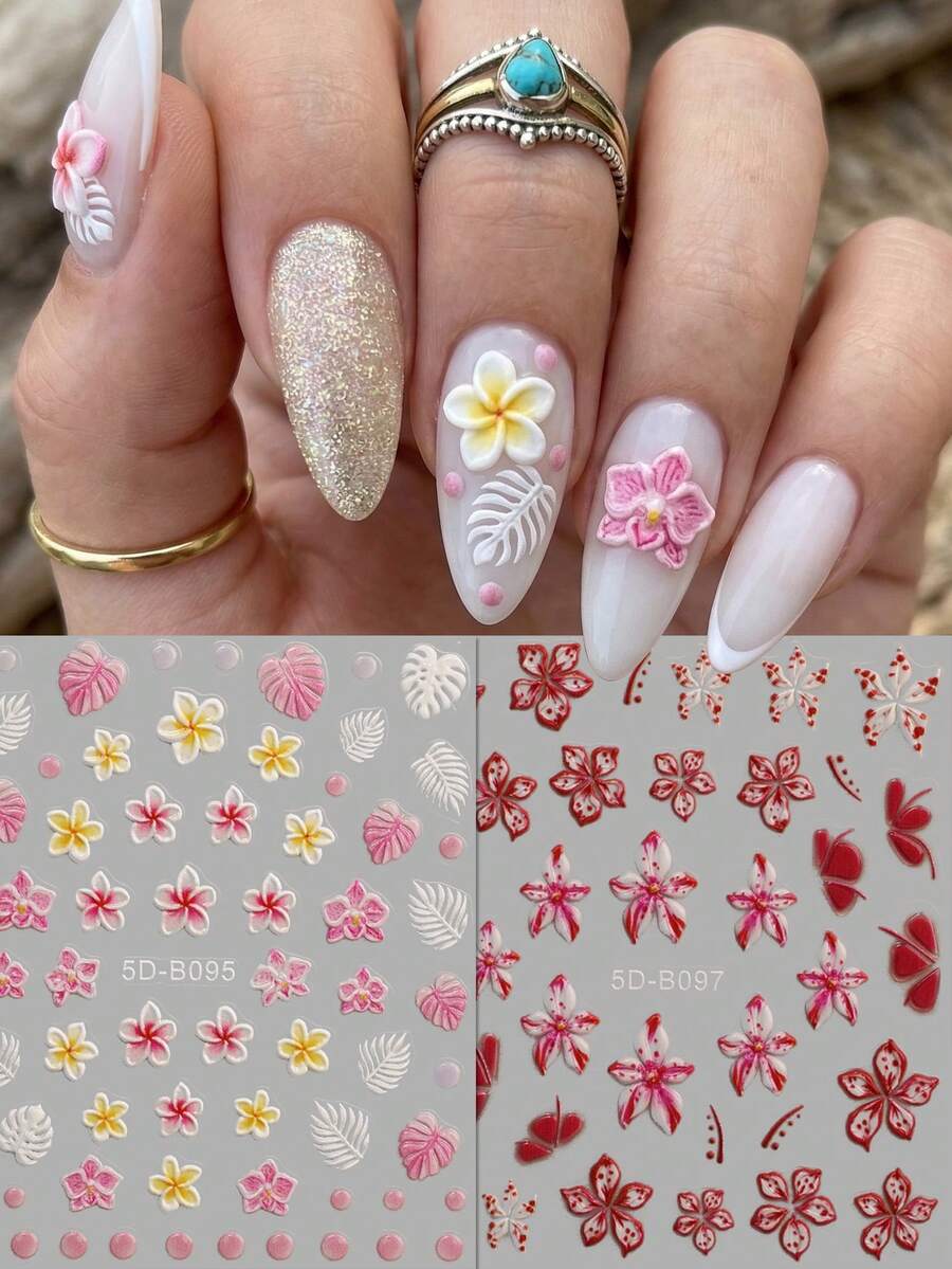QIANJIKU 2片装热带风情5D立体美甲贴纸 - 3D纹理鸡蛋花和兰花美甲贴花 - 夏日度假风DIY装饰贴纸 - 适合海滩/派对/音乐节/春夏季节