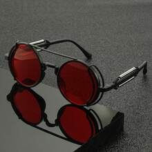 Unisex Steampunk Fashion Glasses With Vintage Metal Spring Decoration, Round Large Frame Women's Glasses, Men's Cool Black Hip-Hop Party Glasses - Khung đen, màng đỏ - Xem 4