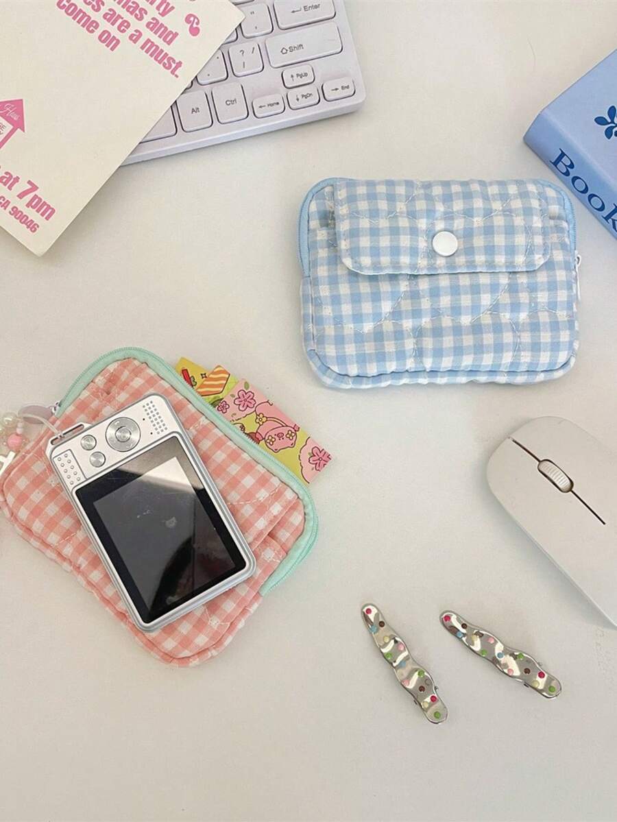 Tas Penyimpanan Kamera CCD Motif Kotak-kotak Quilted Bergaya, Tas Pelindung Kamera, Tas Pembawa Kamera Digital, Tas Kamera, Tas Pengisi Daya, Tempat Kartu, Dompet Koin