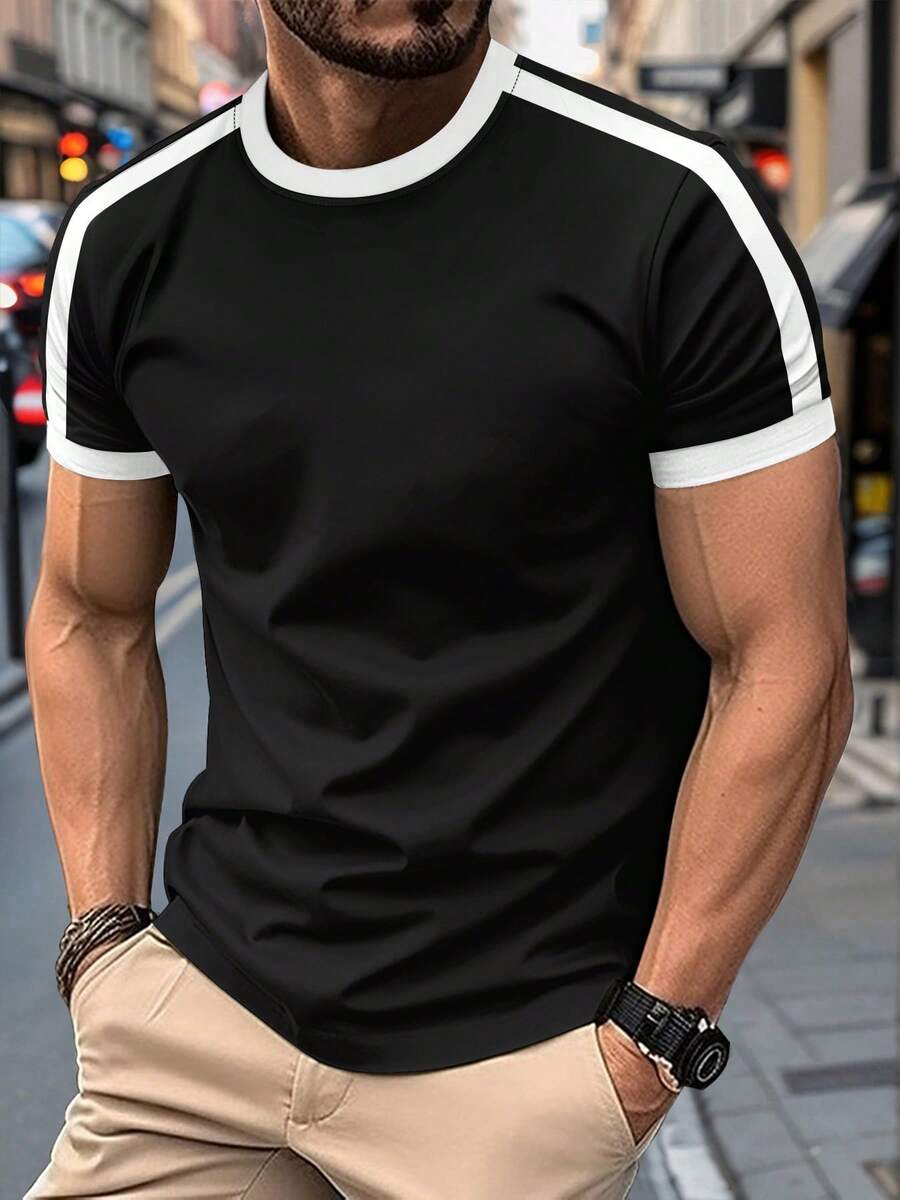 Tricou cu mânecă scurtă pentru bărbați de vară nou, ocazional, sport, fitness, birou, casă de vacanță, tricou de bază confortabil, îmbrăcăminte în aer liber - Negru - Vizualizare 1