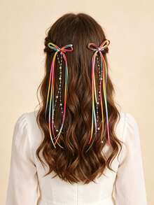 2pcs Ombre Ribbon Hair Clips, Rainbow Color Alligator Clips, Elegant Long Ribbon/Beaded Hair Clips, Vacation/Daily Hair Accessories, Delicate Gift For Teenagers - Multicolor - View 3