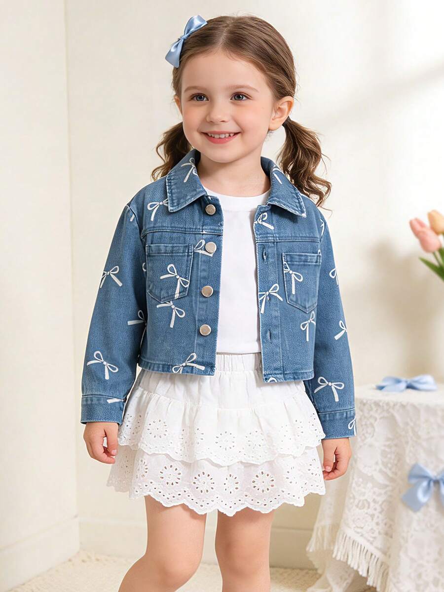 Áo khoác denim cho bé gái 4-7 tuổi, áo khoác denim, áo khoác in họa tiết nơ, áo denim cổ bẻ, áo khoác thường ngày, màu xanh nhạt, dáng rộng, thoáng khí dùng hàng ngày ngoài trời