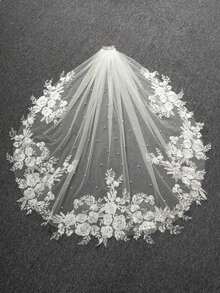 1 Pc Pearl Fingertip Length 37.4inch(95cm) Lace Floral Wedding Bridal Veil With Metal Comb For Wedding Party White Ivory Fall Clothes For Women Valentine's Day Accessories - 彩色 - 查看 12