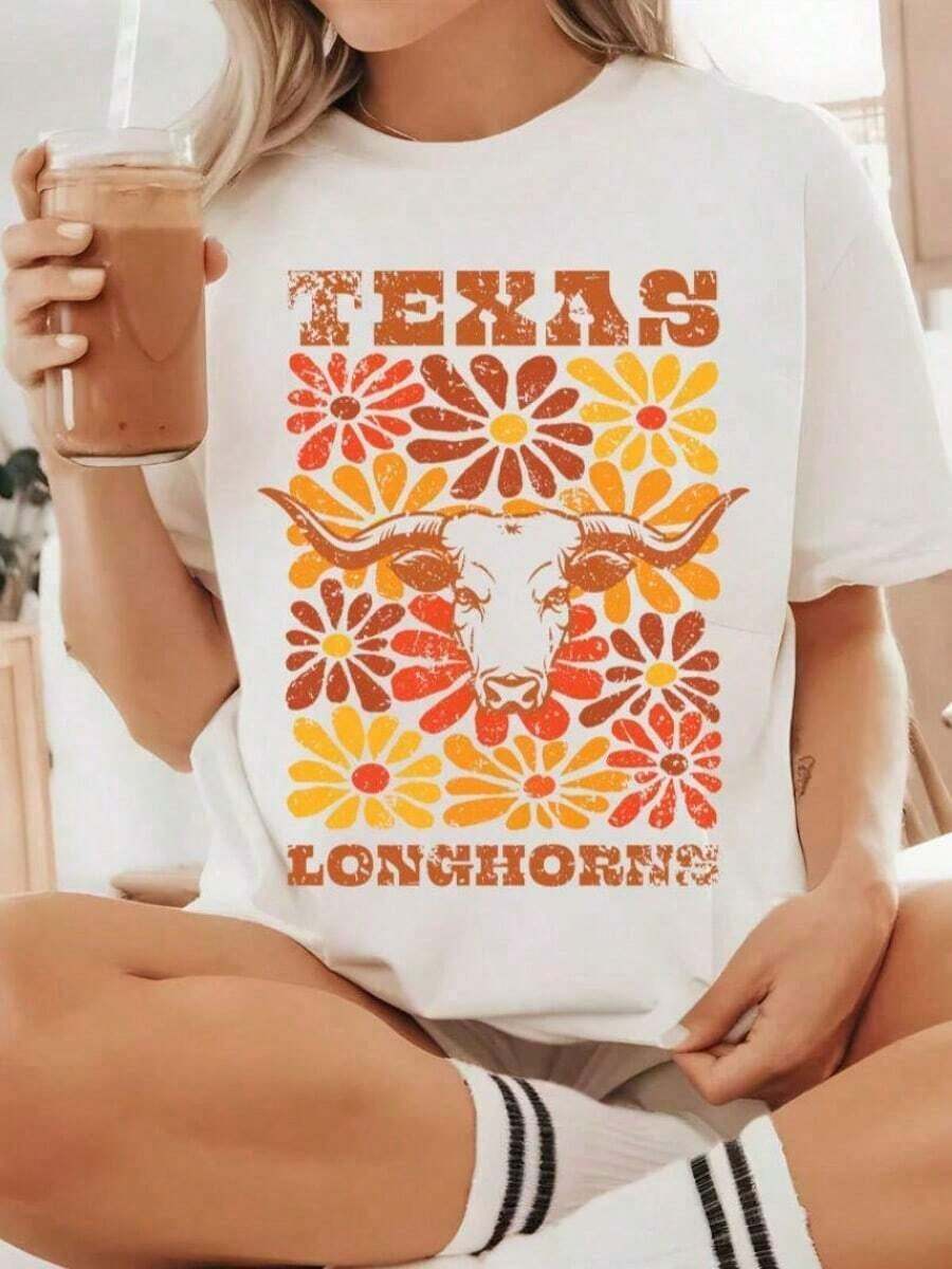 LC Texas Longhorns College Floral-Shirt,UT Longhorn Tee,College Game Day Shirt,Austin Texas College Chirt,Hook Em Horns GiftCasual Daily WearT-Shirt,R - 白色 - 查看 1