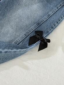 Young Girls 2-Piece Set: Gray Sequin Bow Decor Short Sleeve Top + Wide Leg Denim Pants, Summer - White - View 10