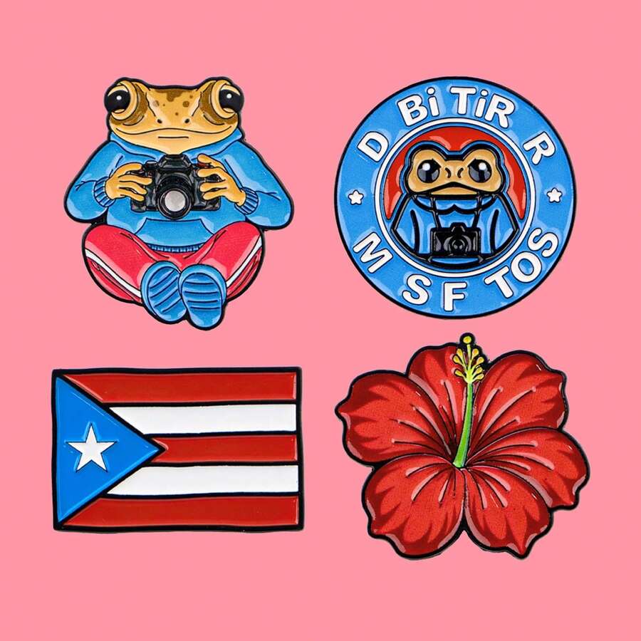 Ghim cài áo hình ếch ngộ nghĩnh cờ Puerto Rico, hoa đỏ, có thể dùng làm huy hiệu cài áo, phụ kiện quần áo, trang sức thời trang, quà tặng.