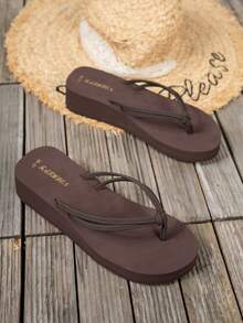 4cm Coffee Brown Wedge Thong Sandals, Solid Color Fashion Knotted Outdoor Beach Holiday Slippers For Women, Spring/Summer, Gift For Her - Coffee Brown - View 6