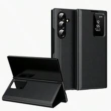 Luxury Flip Smart View Phone Case Compatible With Samsung Galaxy Z Fold 7/6/5 Foldable Leather Case With Stand & Card Slot, Supports Card Insertion. View App Notifications And Answer Calls Without Opening The Flip. Full-Body Protection And Shockproof Cover. - Black - View 2