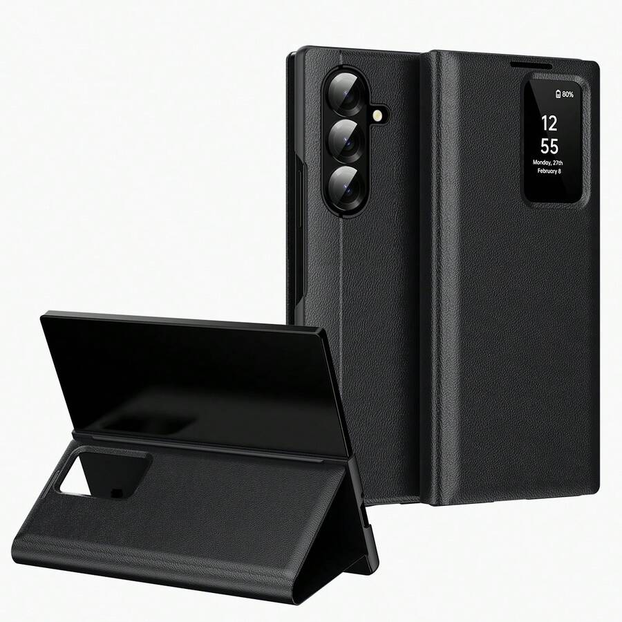 Luxury Flip Smart View Phone Case Compatible With Samsung Galaxy Z Fold 7/6/5 Foldable Leather Case With Stand & Card Slot, Supports Card Insertion. View App Notifications And Answer Calls Without Opening The Flip. Full-Body Protection And Shockproof Cover.