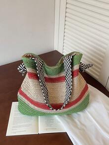 Black & White Zebra Stripe Shoulder Strap Woven Bag, Relaxed Vibe Vacation Beach Casual Shoulder Bag, Versatile Everyday Commute Shopping Tote, Woven Bag For Beach Trip, Student - Green - View 10