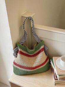 Black & White Zebra Stripe Shoulder Strap Woven Bag, Relaxed Vibe Vacation Beach Casual Shoulder Bag, Versatile Everyday Commute Shopping Tote, Woven Bag For Beach Trip, Student - Green - View 5