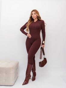 Virginia Ribbed Jumpsuit Tricot Modal With Zipper On The Front Great Quality Women's Jumpsuit Long Sleeve Fashion Style - 咖啡棕 - 查看 3