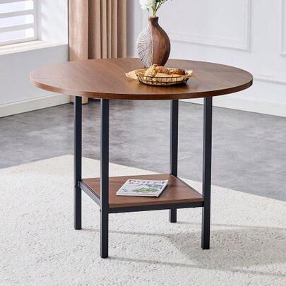 Modern Round Dining Table With Storage Shelf, Walnut-Grain Metal Frame, 100 Cm Diameter, Seats 4-6 People, Ideal For The Kitchen, Dining Room And Small Spaces