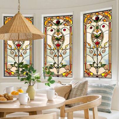 1/4pcs Bohemia Static Cling Stained Glass Window Film, Reusable Vintage Floral Tulip Pattern Privacy Film For Bathroom Living Room, Non Adhesive Removable Decorative Glass Cover