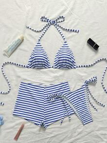 Bộ đồ bơi tankini 3 mảnh dành cho nữ, cổ yếm, kẻ sọc, kèm váy, vải kẻ sọc trắng xanh, đáy quần buộc dây bên hông, kiểu dáng bãi biển gợi cảm kiểu Mỹ, thích hợp cho mùa hè đi biển, bơi lội, kỳ nghỉ suối nước nóng. - Nhiều màu - Xem 4