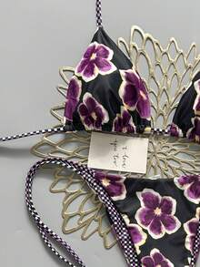 2 Stücke Retro Blumen Farbblock Karomuster Bikini Bademode, geeignet für Strand, Pool, Kreuzfahrt, Party im Frühling und Sommer Urlaub - Schwarzer Hintergrund mit lila Glockenblume - Übersicht 4