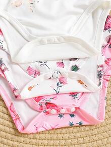 Set de 3 piezas Enterizo de bebé con estampado de niña bailando y flores para recién nacidos - Blanco - Ver 6