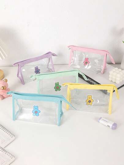 1 pieza Estuche de lápices transparente portátil, bolsa de almacenamiento de papelería impermeable hecha de PVC, útiles escolares exquisitos, adecuada para organizar artículos en el escritorio y almacenar suministros de examen de los estudiantes