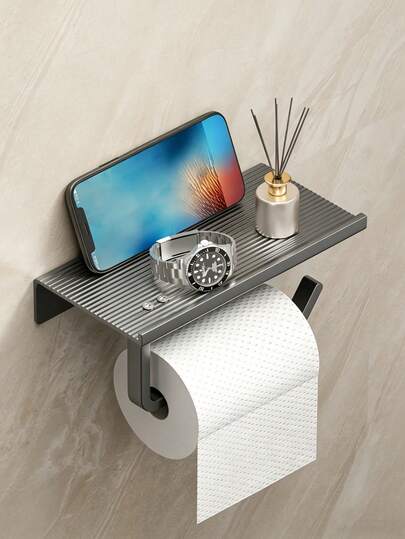 1pc Wall-Mounted Toilet Paper Holder With Phone Stand, Self-Adhesive Rust-Proof Bathroom Tissue Paper Rack With Key Hook, Towel Rack, Black Paper Towel Holder, Fashionable Wall-Mounted Metal Toilet Paper Dispenser With Phone Stand