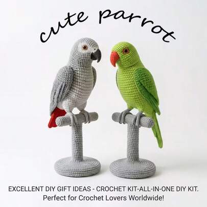 1 套可爱鹦鹉钩针编织套装（适合成人钩针编织者）| 简单的 DIY 钩针编织项目，适合初学者 | 包含所有材料和高质量的英文教程 | 非常适合为家人、朋友、孩子、女儿和孙女制作礼物、工艺品和赠品。