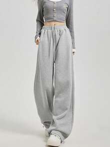 Pantalones de chándal rectos y holgados para mujer, pantalones anchos de pierna ancha con forro térmico grueso y casual para otoño/invierno - Gris - Ver 4