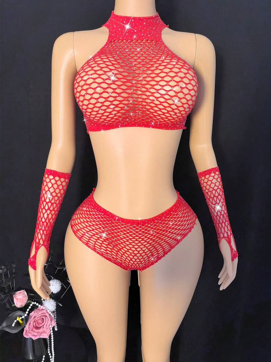 性感迷人的女士内衣套装，色彩鲜艳，包括露脐上衣、手套和性感丁字裤，适合酒吧、派对等场合，贴身穿着效果极佳，饰有钻石点缀，尽显高端诱惑。 - 紅色 - 查看 1