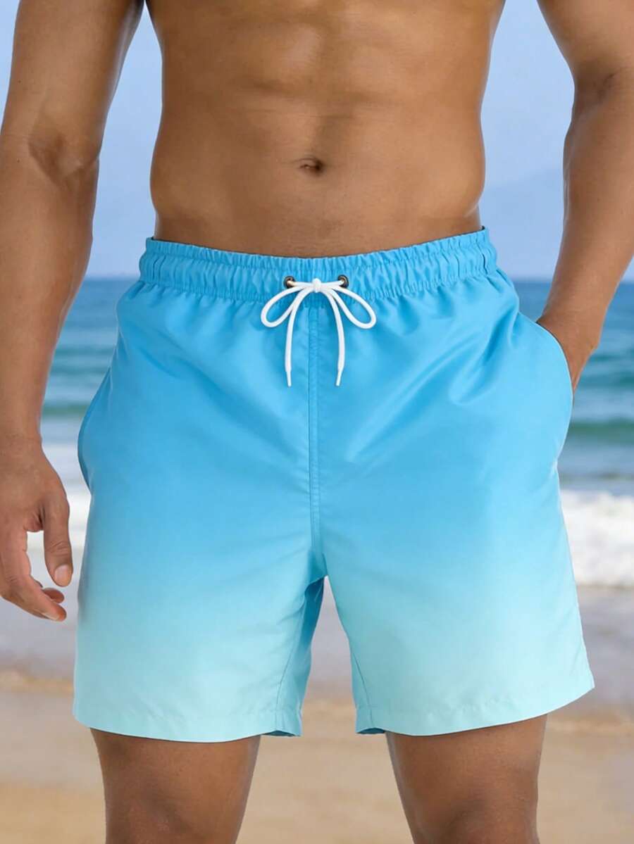 Gradient Colored Drawstring Beach Shorts For Men, Quick-Drying And Water Resistant Exercise, Running, Swimming Trunks, Men's Square Leg Swimwear And Hotspring Shorts,Hawaiian - Teal Blue - View 1