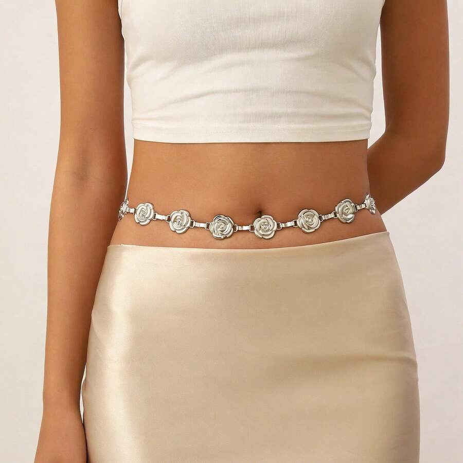 Vintage Metal Waist Chain, Gold/Silver Rose Waist Belt, High-End Belly Chain Accessory - Multicolor - View 1