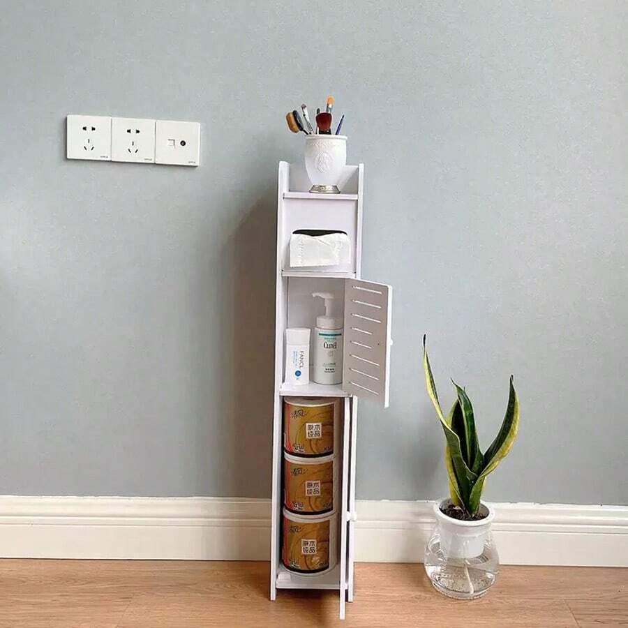 1个窄型塑料卫生纸架，高而纤细的浴室收纳柜，适合小空间，独立式窄角柜带门，浴室置物架，浴室收纳架，节日礼物，圣诞礼物，浴室装饰，秋季装饰 - 白色 - 查看 1