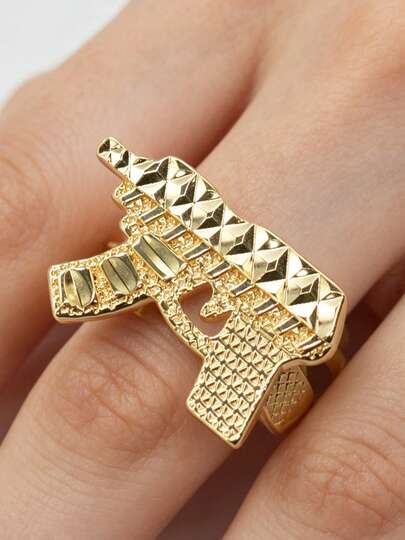 1pc European And American Hip-Hop Plated Gold Embossed Handgun Shaped Ring, Unisex Jewelry, Christmas, Party, Birthday Cool Gift