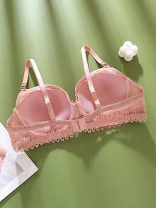 Romantic Fashionable Luxurious French Elegant Women's Bra, Solid Color Lace Lift & Support Deep V Comfortable Ladies Lingerie - Pink - View 3