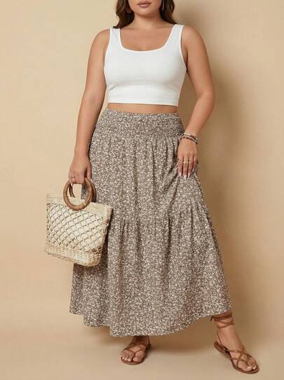 Whisplicity Plus Size Women Ditsy Floral Ruffle Hem Drawstring Waist Casual Midi Skirt, Suitable For Autumn Vacation Summer