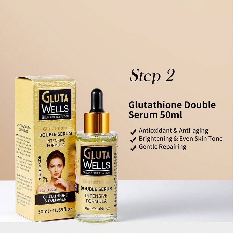 GlutaWells双效精华液50毫升，蕴含谷胱甘肽和维生素C，具有提亮肤色、抗衰老、改善肤质、抗皱的功效。